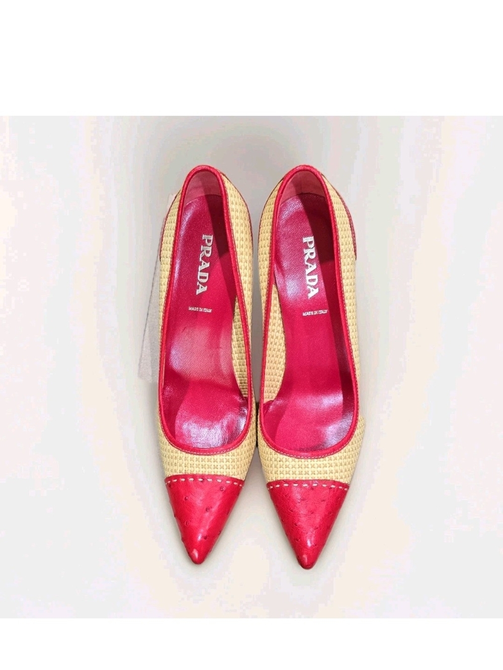 Prada Red and Beige Pointed Toe Woven Pumps
